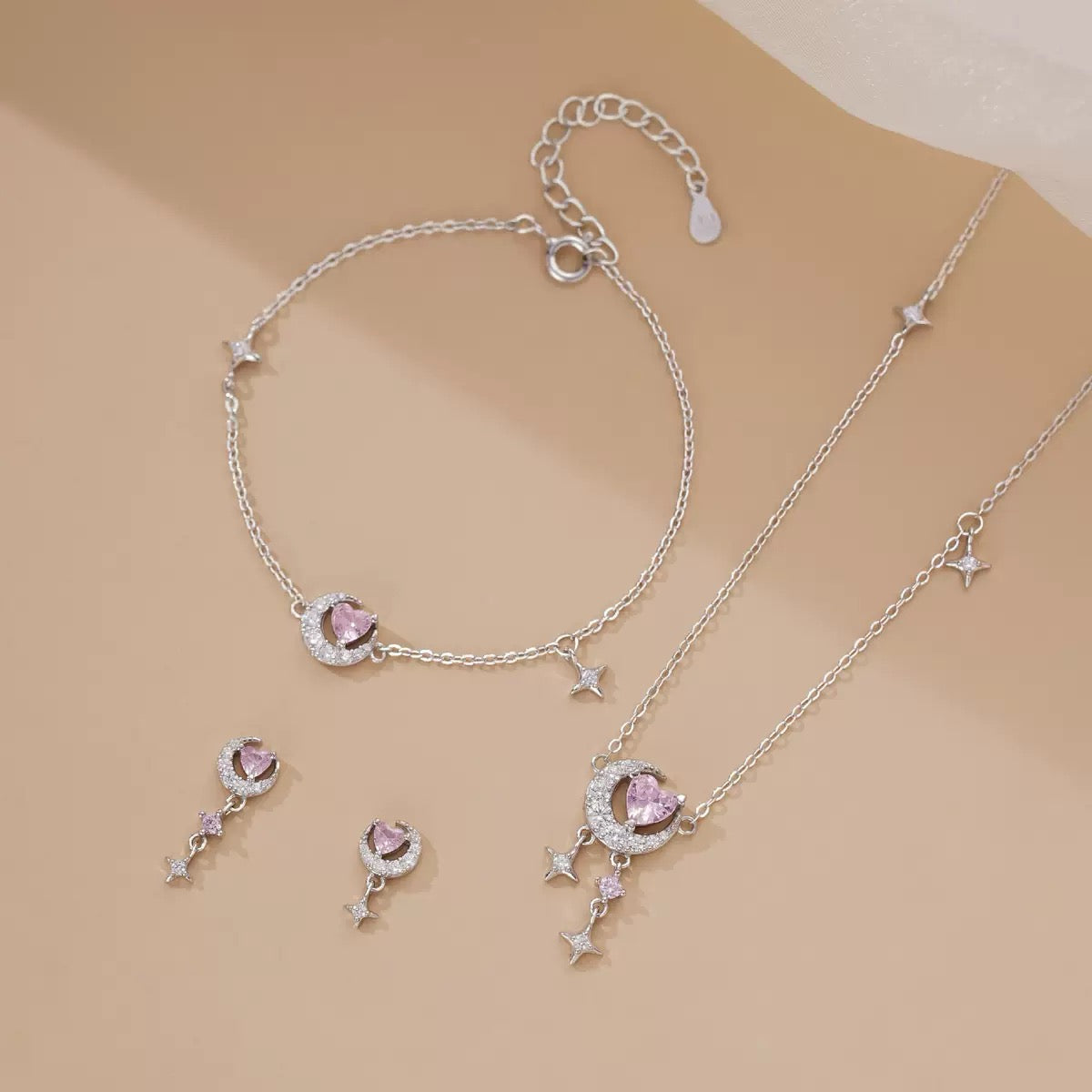 S925 Sterling Silver Heart Moon Star Jewelry Set Necklace Bracelet Earrings