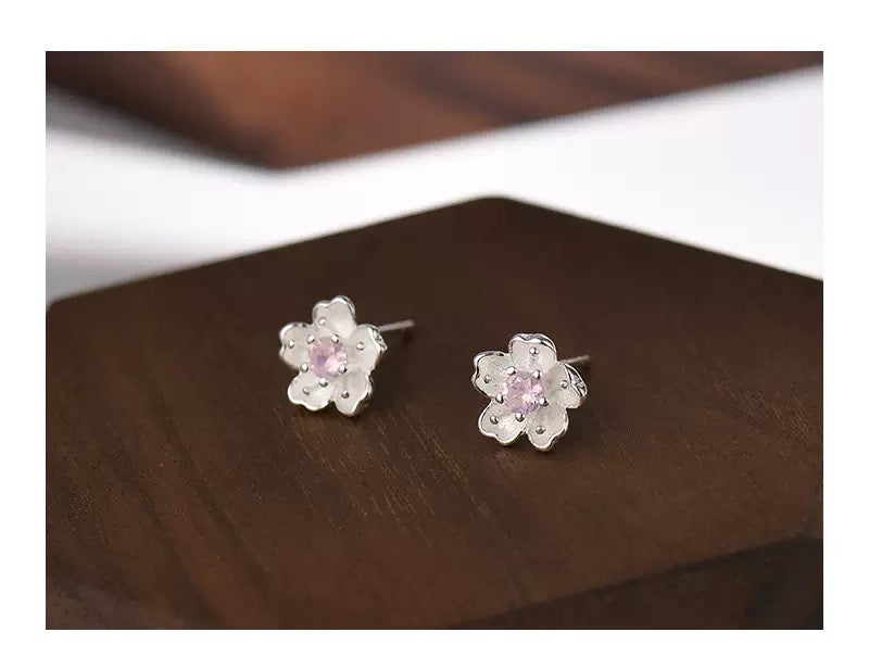 S999 Sterling Silver Sakura Stud Earrings Cherry Blossom Design