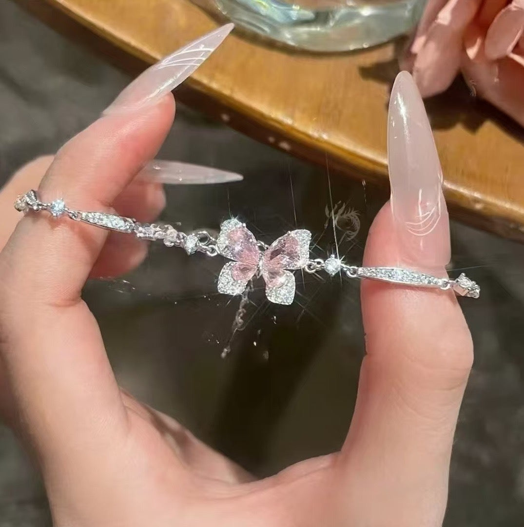Pink Flutter Butterfly Bracelet, S925 Sterling Silver Pink Stone Jewelry