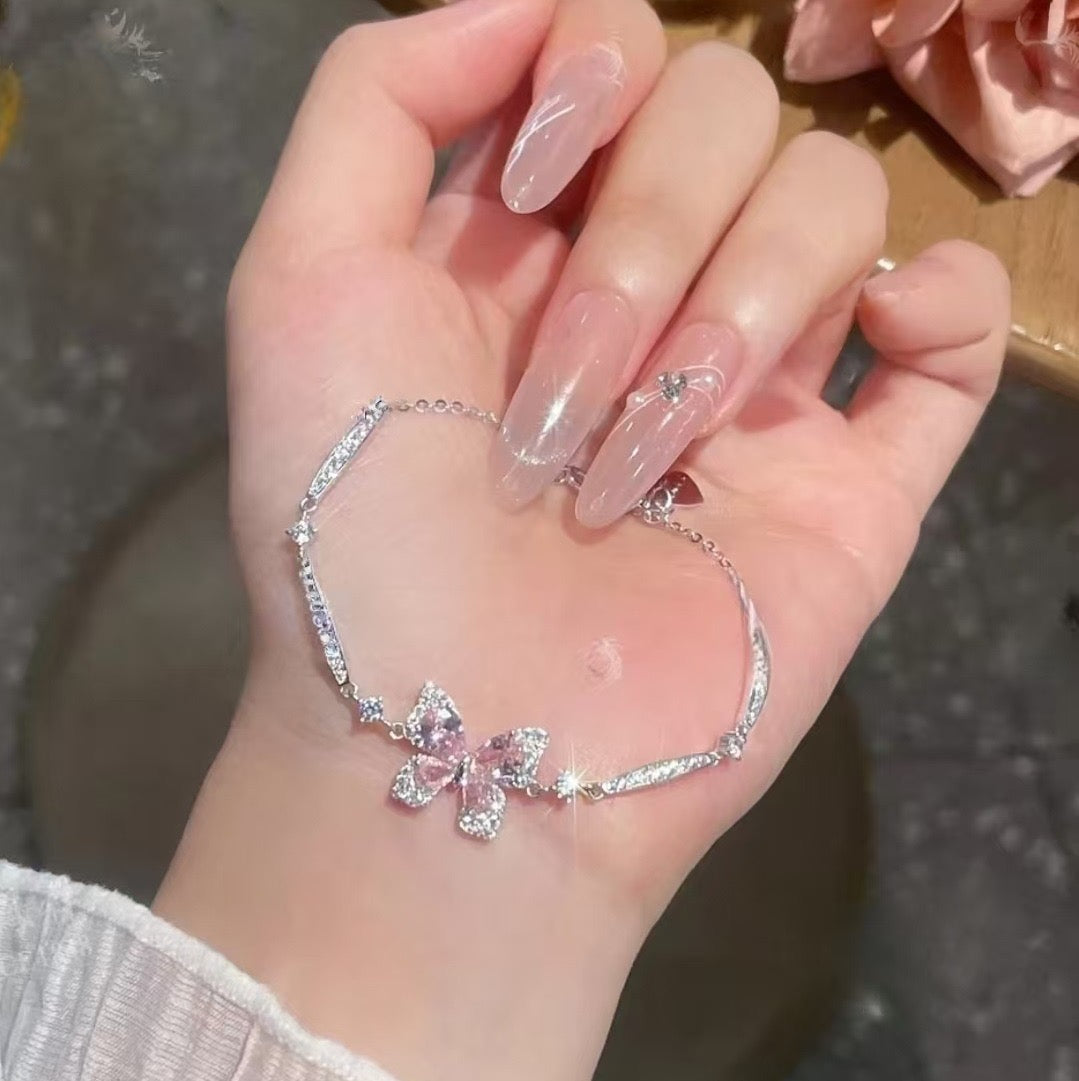 Pink Flutter Butterfly Bracelet, S925 Sterling Silver Pink Stone Jewelry