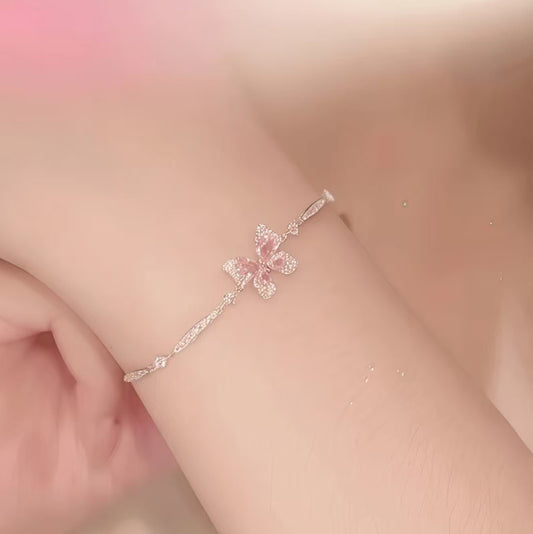 Pink Flutter Butterfly Bracelet, S925 Sterling Silver Pink Stone Jewelry