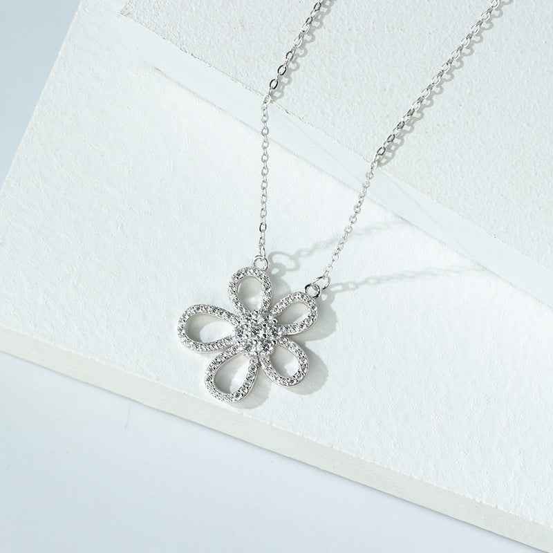 Camellia Radiance Floral Pavé Necklace 925 Sterling Silver Zircon Pendant