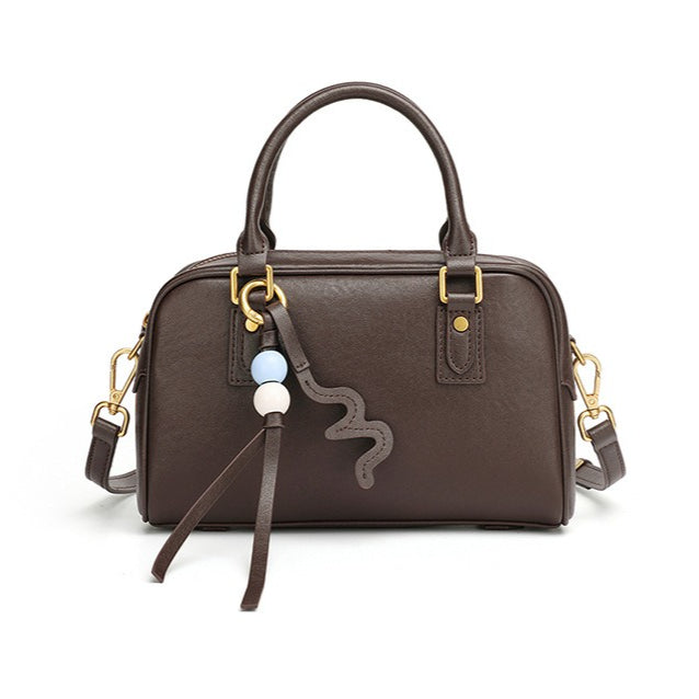 Women's Genuine Leather Boston Bag with Wavy Charm
