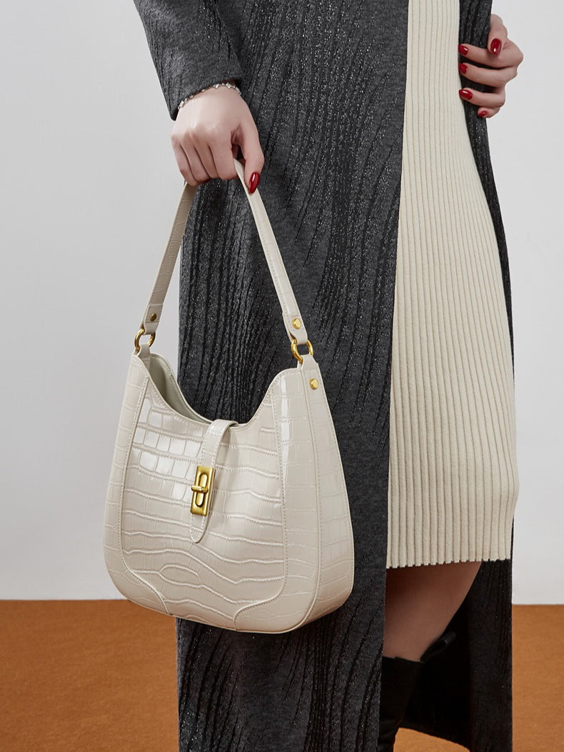 Women's Croc-Embossed Genuine Leather Hobo Bag with Detachable Pouch