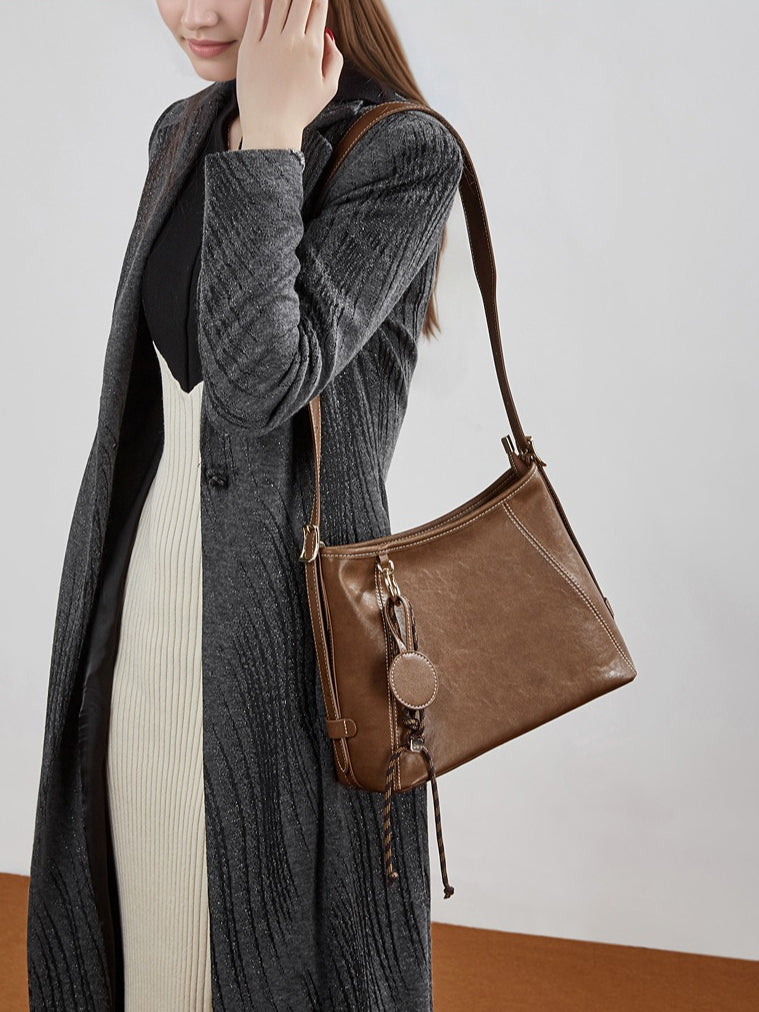 Women's Full-Grain Cowhide Contrast Stitch Hobo Bag