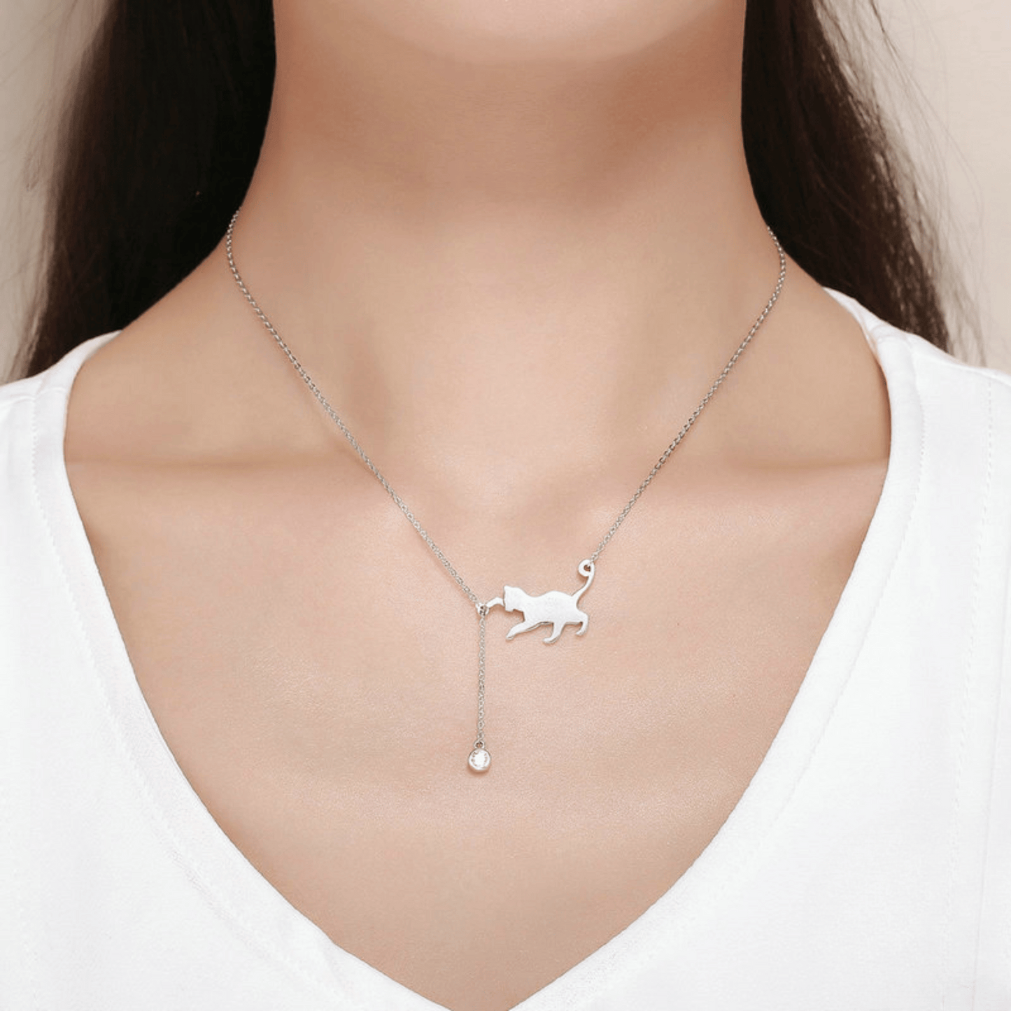 S925 Sterling Silver Playful Kitten Necklace CZ Cat Pendant Wave Chain Adjustable