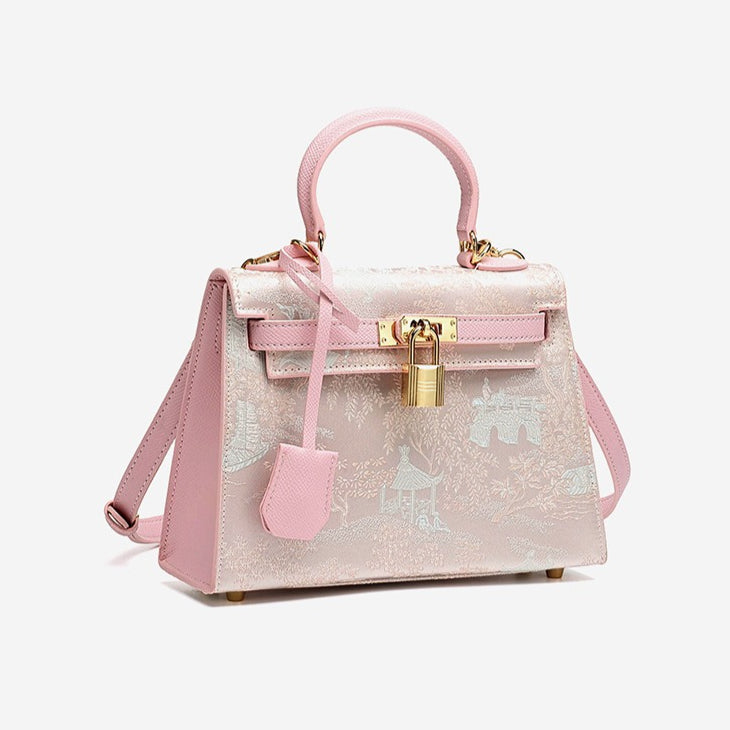 Women's Brocade Genuine Leather Kelly Bag with Padlock Charm