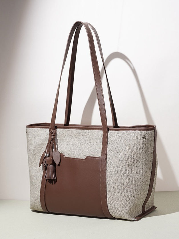 Women's Canvas Tote Bag with Genuine Leather Panels and Tassel Charm