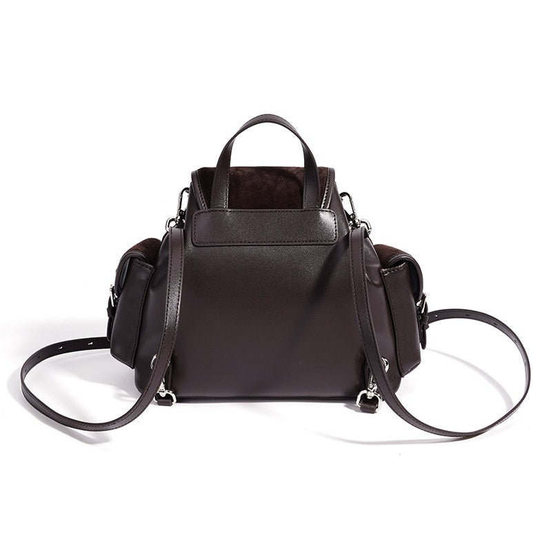 Women's Suede Leather Convertible Flap Backpack with Side Pockets