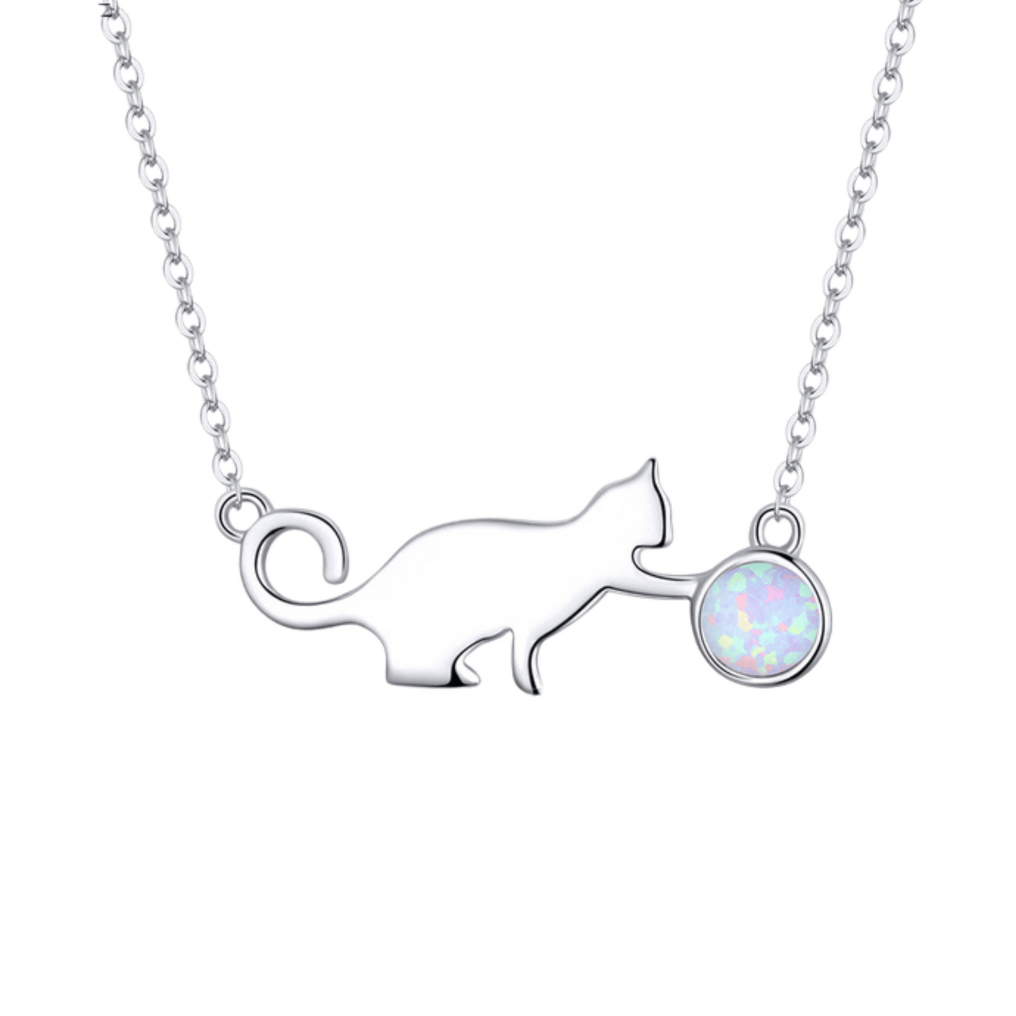 S925 Sterling Silver Playful Kitten Necklace CZ Cat Pendant Wave Chain Adjustable