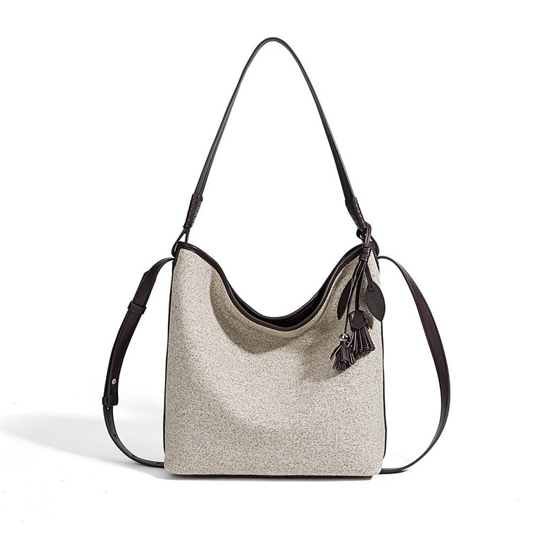 Women's Canvas Bucket Bag with Leather Trim and Tassel Charm