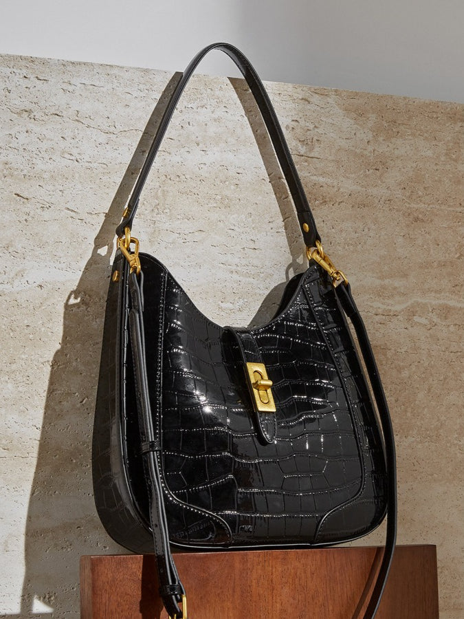 Women's Croc-Embossed Genuine Leather Hobo Bag with Detachable Pouch