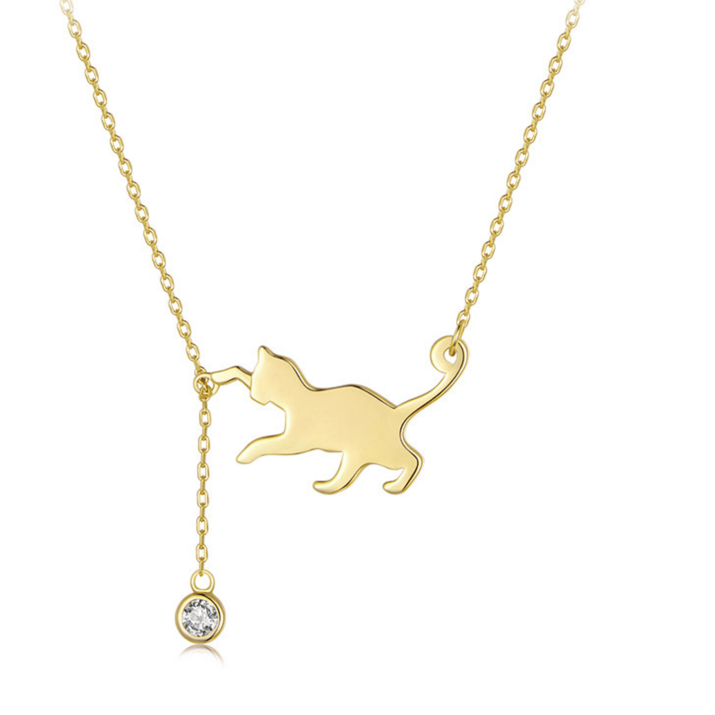 S925 Sterling Silver Playful Kitten Necklace CZ Cat Pendant Wave Chain Adjustable