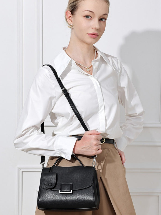 Women's Genuine Leather Square Flap Bag with Magnetic Closure