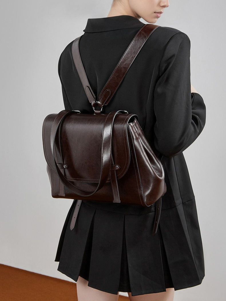 Women's Oil-Waxed Cowhide Convertible Flap Backpack