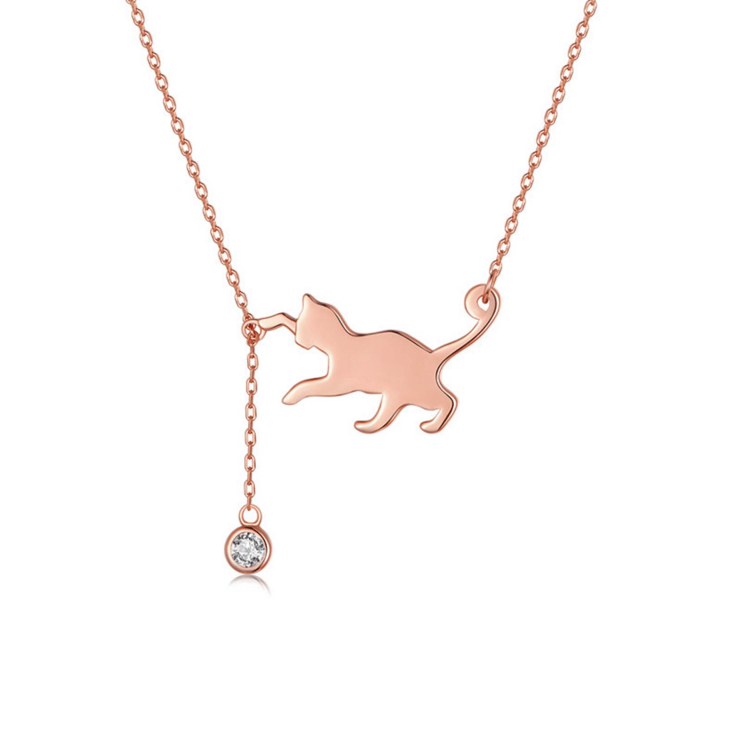 S925 Sterling Silver Playful Kitten Necklace CZ Cat Pendant Wave Chain Adjustable