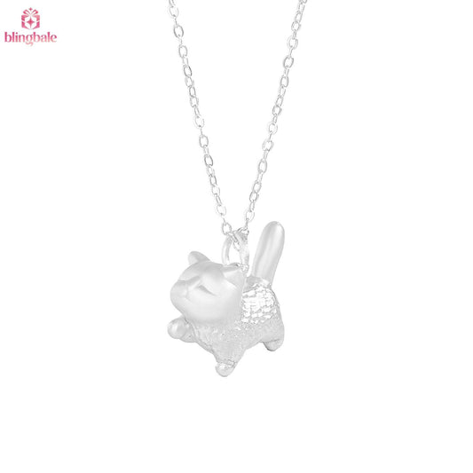 Playful Kitty Cat Pendant Necklace, S999 Sterling Silver Animal Jewelry
