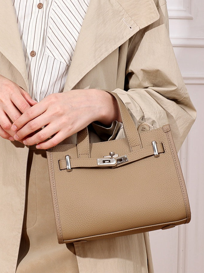 Women's Pebbled Cowhide Kelly Bag with Metal Turn-Lock