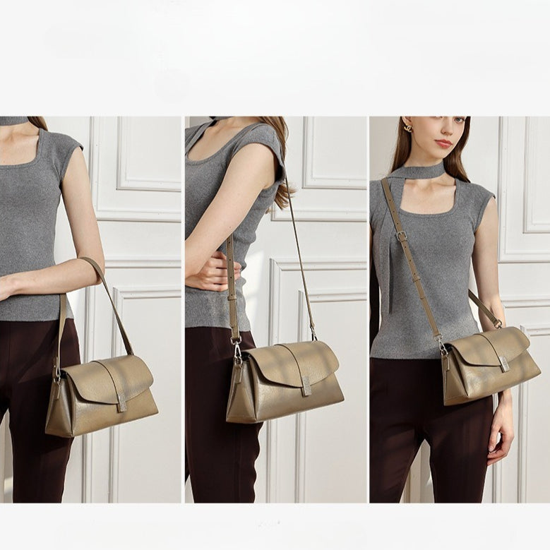 Women's Full-Grain Cowhide H-Buckle Flap Shoulder Bag