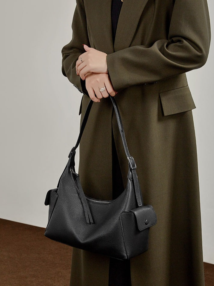 Women's Full-Grain Vegetable-Tanned Leather Tote Bag with Side Pockets