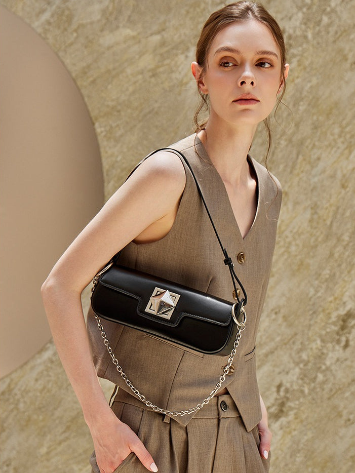 Women's Smooth Cowhide Silver-Buckle Baguette Shoulder Bag