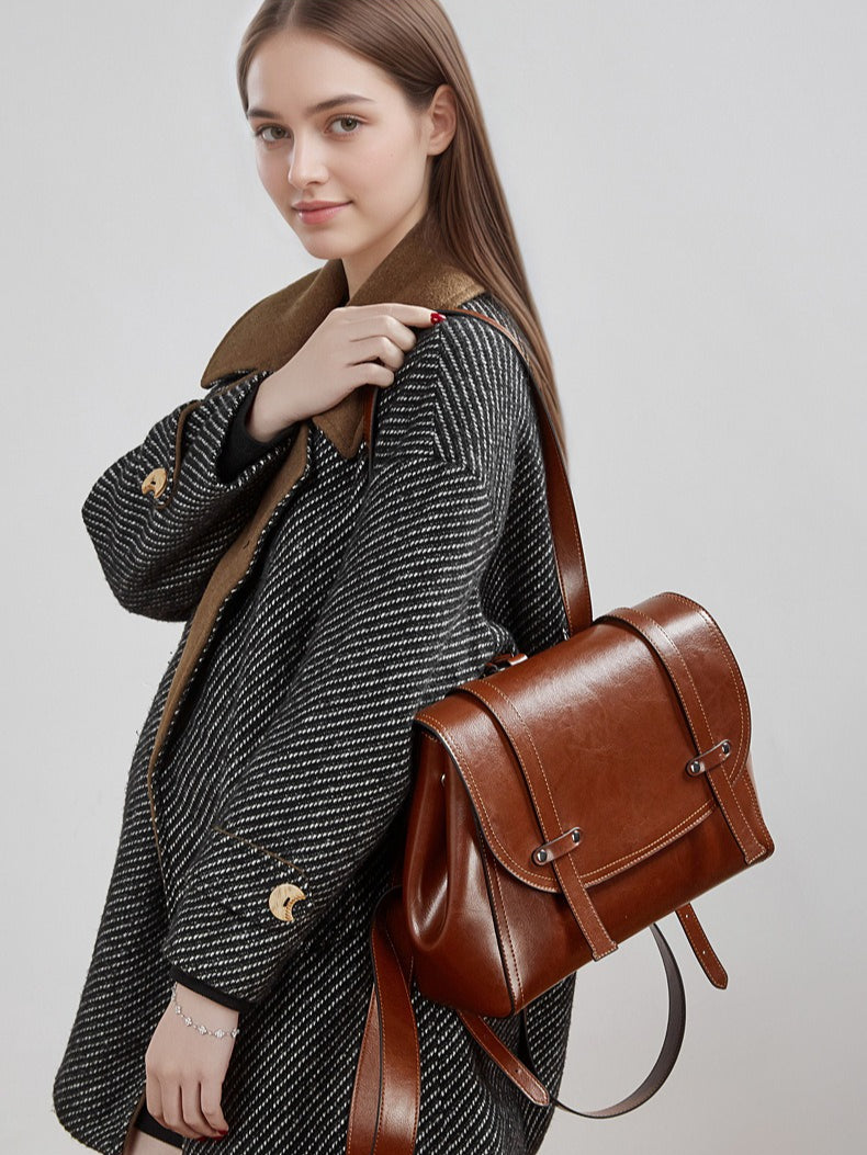 Women's Oil-Waxed Cowhide Convertible Flap Backpack