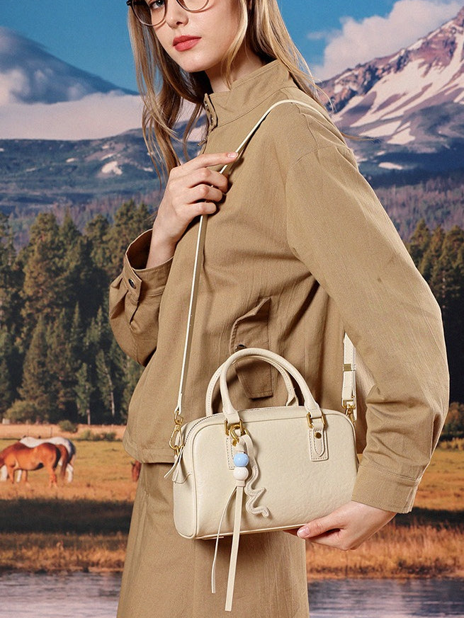 Women's Genuine Leather Boston Bag with Wavy Charm