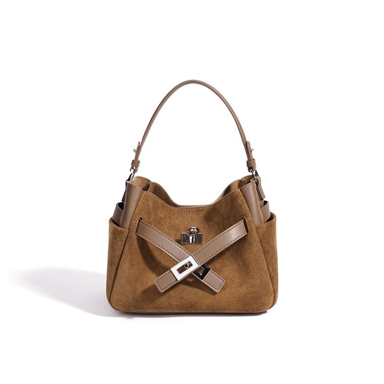 Women's Suede Cowhide Bucket Bag with Detachable Strap