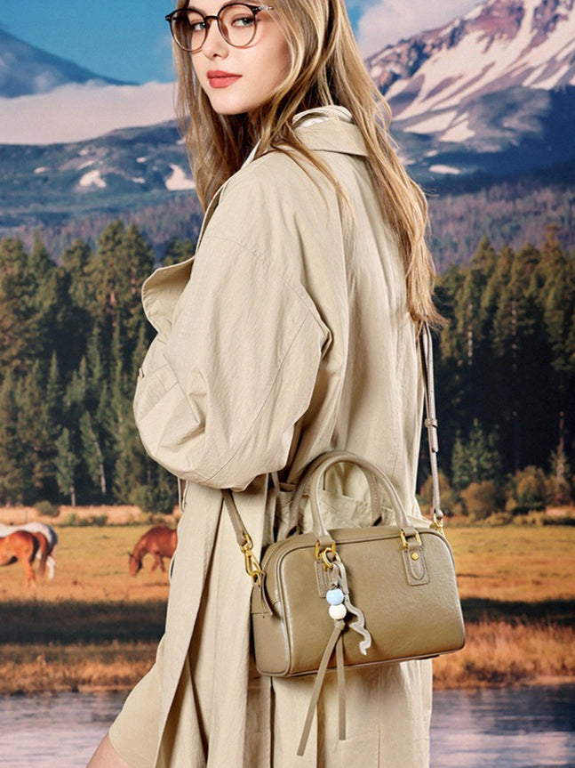 Women's Genuine Leather Boston Bag with Wavy Charm