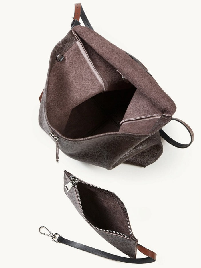 Women's Genuine Leather Slouch Tote Bag with Adjustable Strap & Detachable Pouch