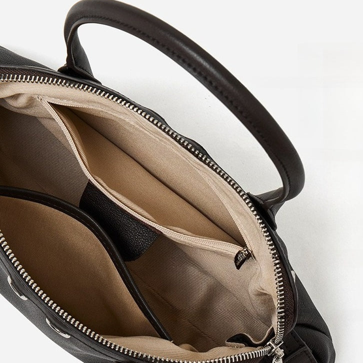 Women's Plain Cowhide Seashell Boston Bag with Double Zipper