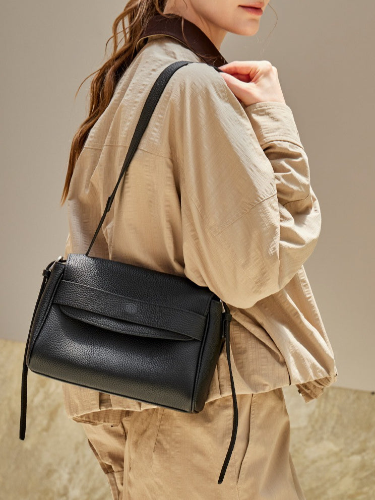 Women's Lychee-Grain Cowhide Flap Bag with Top Handle