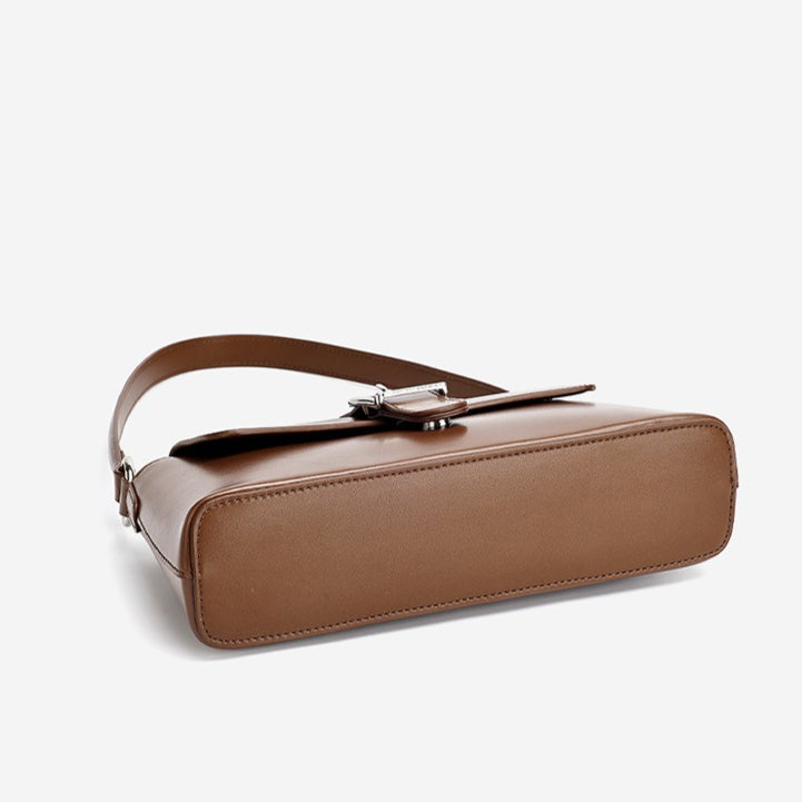 Women's Genuine Leather Vintage Baguette Shoulder Bag with Buckle
