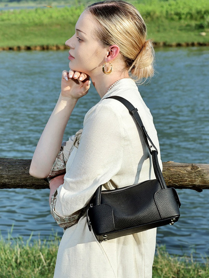 Women's Pebbled Cowhide Mini Boston Bag with Adjustable Strap