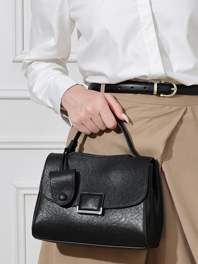 Women's Genuine Leather Square Flap Bag with Magnetic Closure