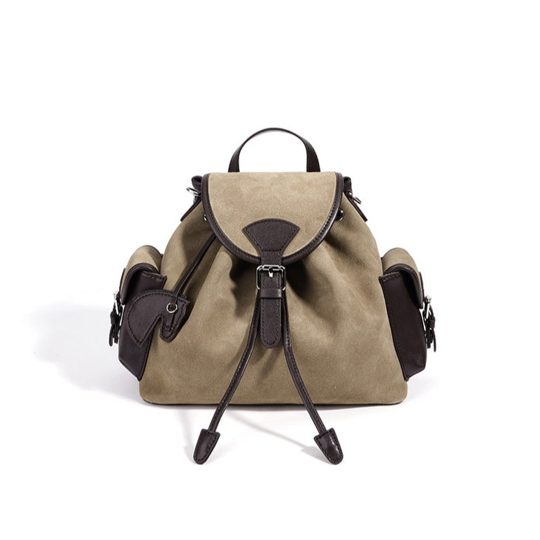 Women's Suede Leather Convertible Flap Backpack with Side Pockets