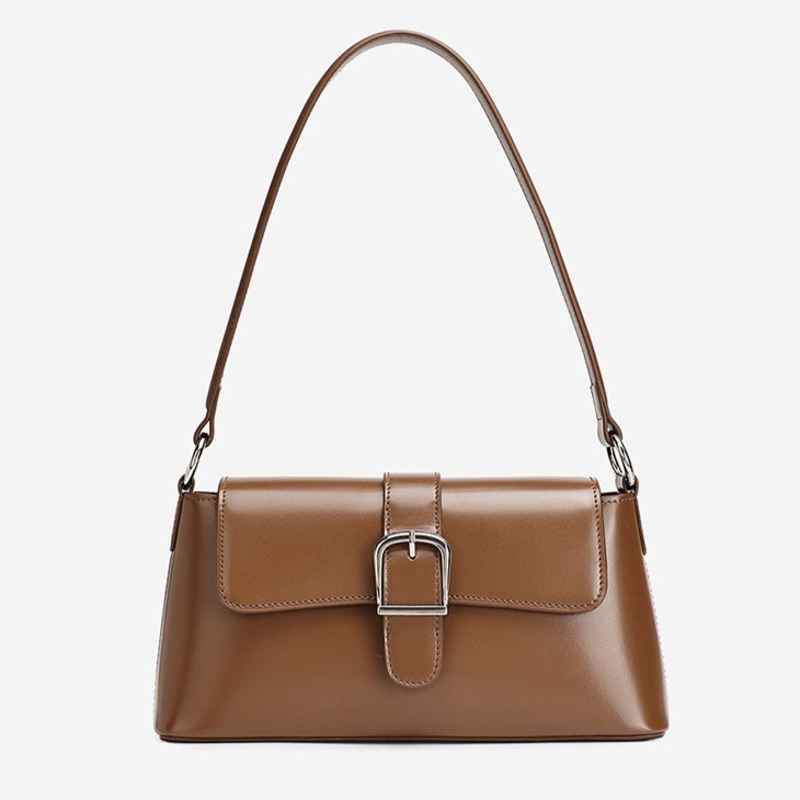 Women's Genuine Leather Vintage Baguette Shoulder Bag with Buckle