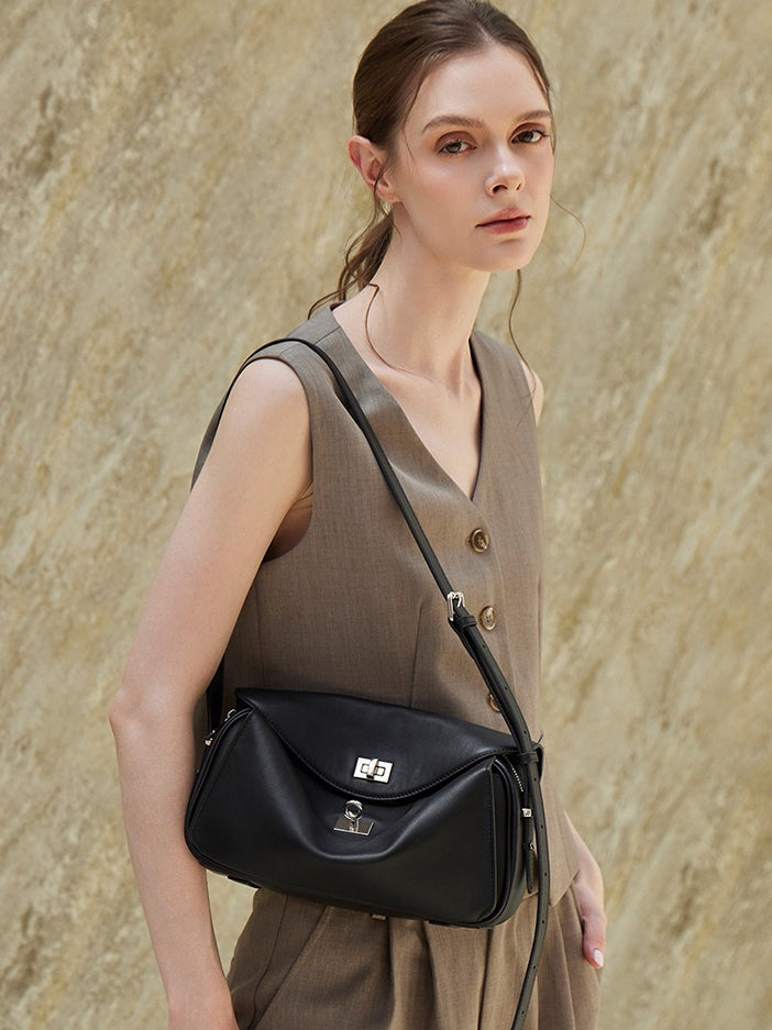 Women's Genuine Leather Envelope Flap Bag with Twist-Lock