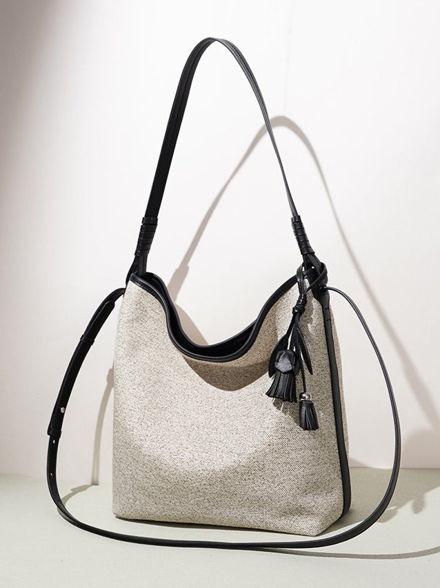 Women's Canvas Bucket Bag with Leather Trim and Tassel Charm