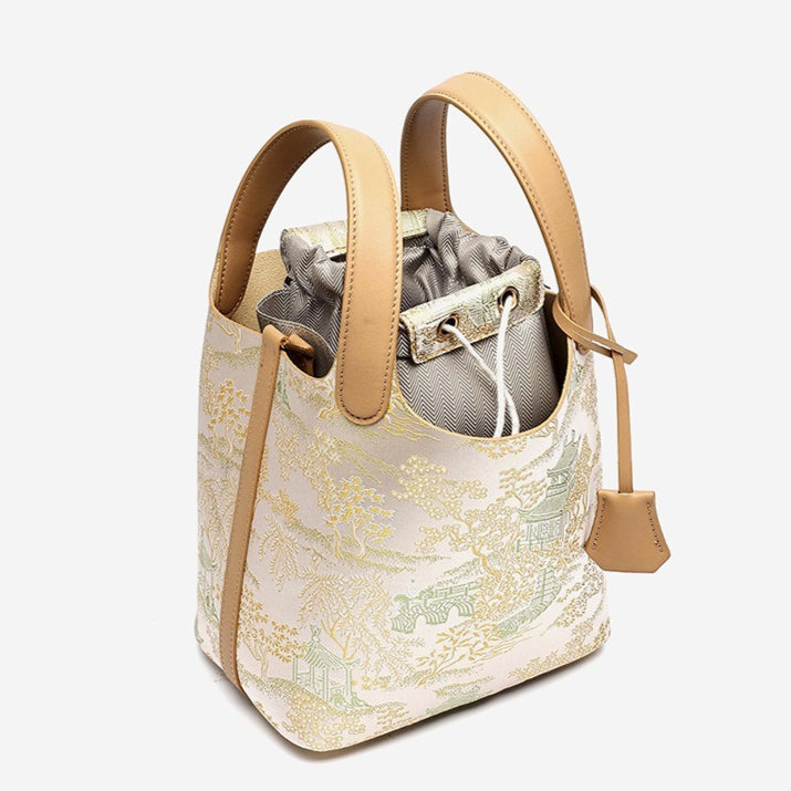 Women's Oriental Garden Genuine Leather Bucket Bag with Charm