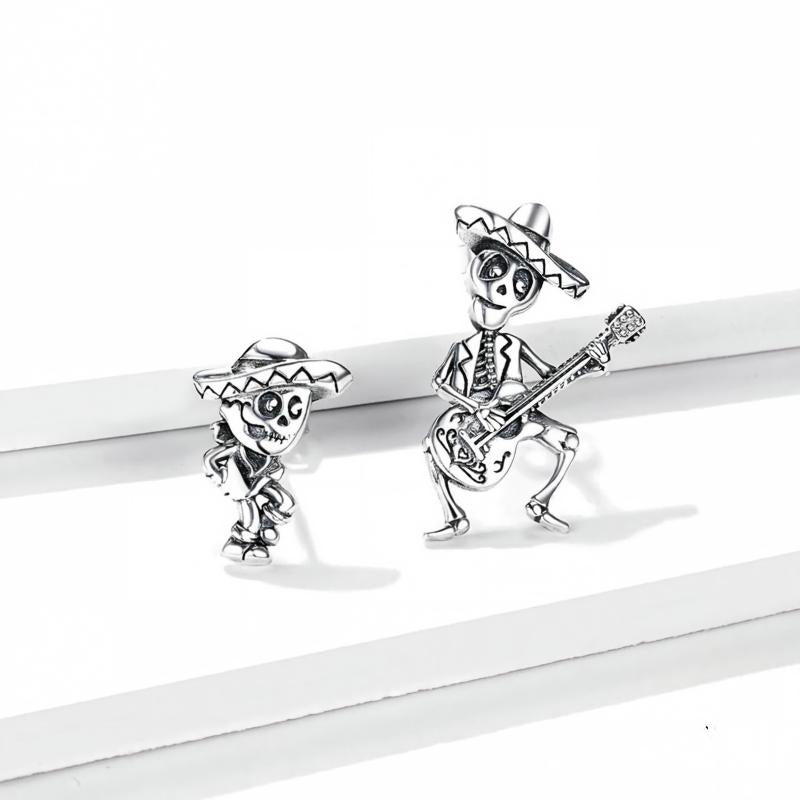 “Skeleton Serenade” S925 Sterling Silver Guitarist Skull Halloween Stud Earrings