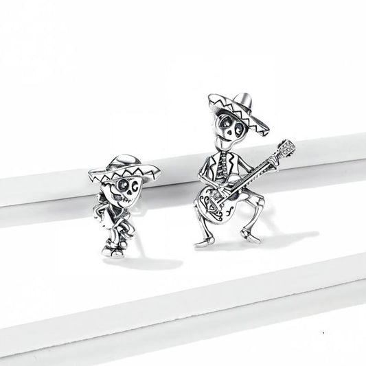 “Skeleton Serenade” S925 Sterling Silver Guitarist Skull Halloween Stud Earrings