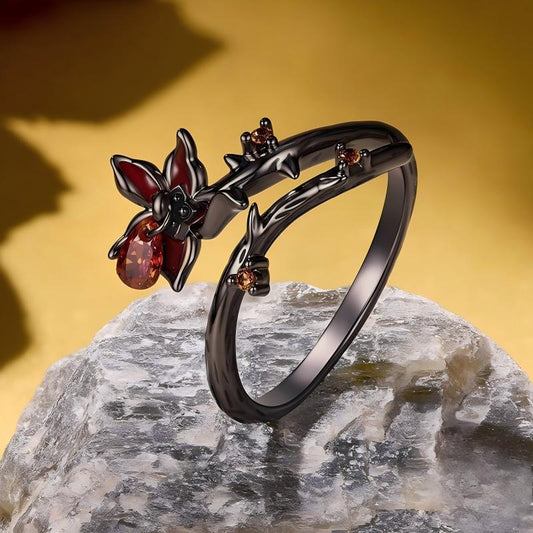 “Midnight Mandala” S925 Sterling Silver Black Gold Plated Open Adjustable Flower Ring