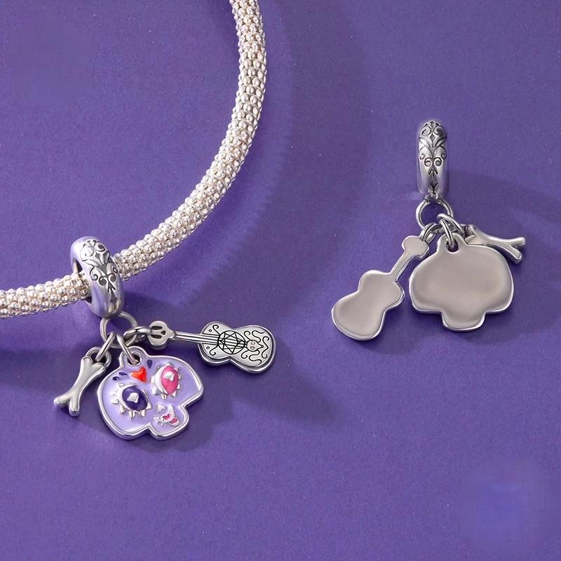 “Skull Strummer” S925 Sterling Silver Guitar Skeleton Pendant Bead