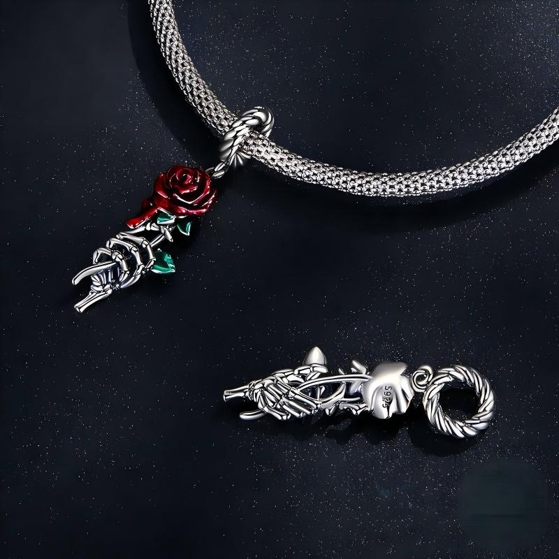 “Crimson Bloom” S925 Sterling Silver Skull Hand Red Rose Pendant