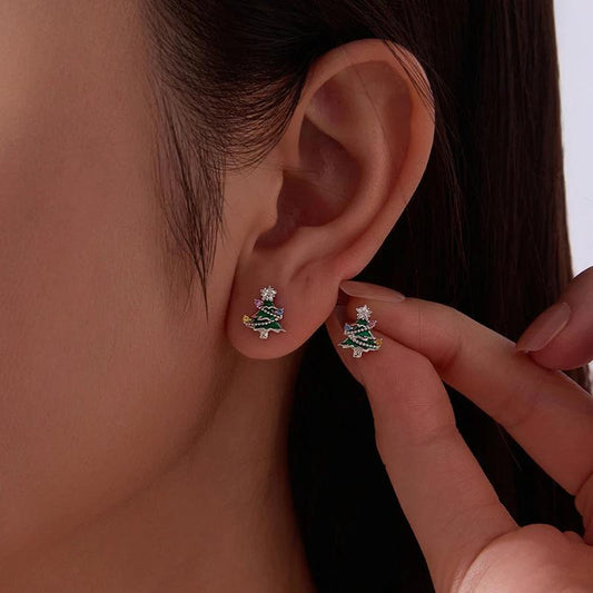 “Evergreen Glow” S925 Sterling Silver Christmas Tree Stud Earrings