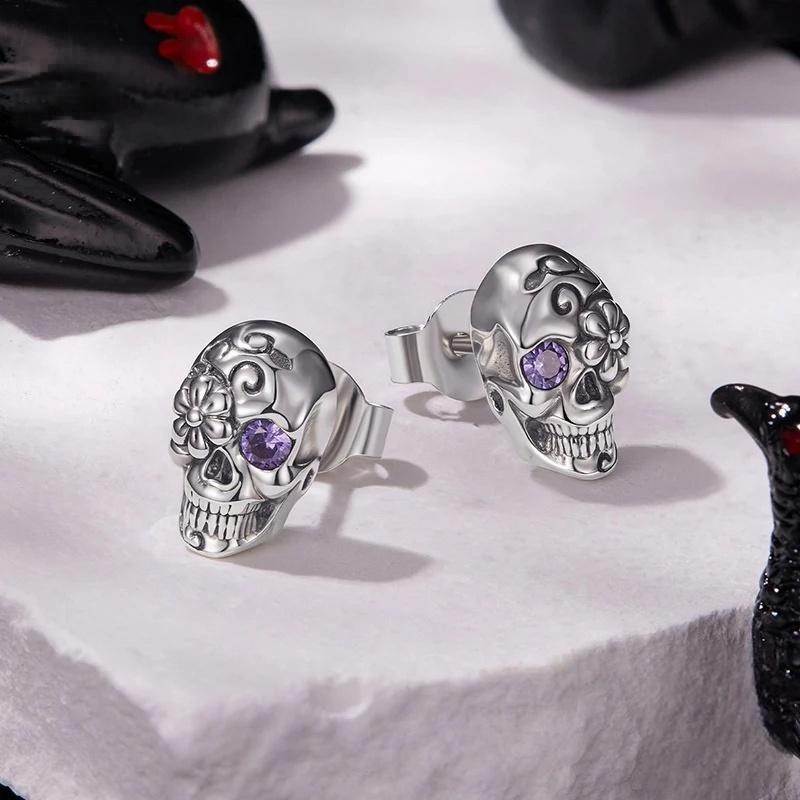 “Midnight Skull” S925 Sterling Silver Gothic Halloween Stud Earrings