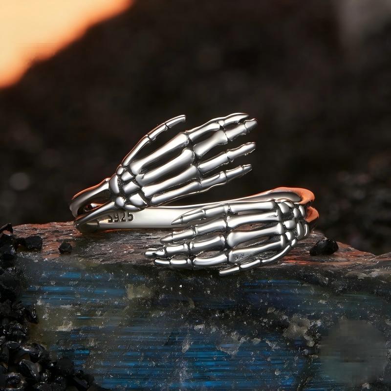 “Soul Embrace” S925 Sterling Silver Open Adjustable Skull Hand Ring