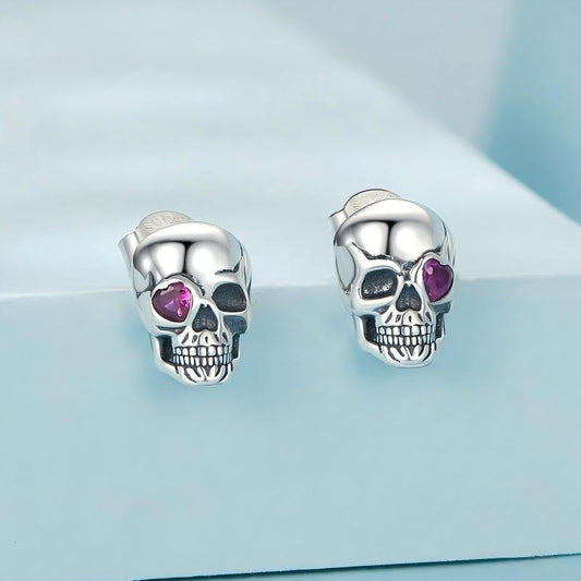 “Dark Romance” S925 Sterling Silver Oxidized Skull Heart Eye Stud Earrings