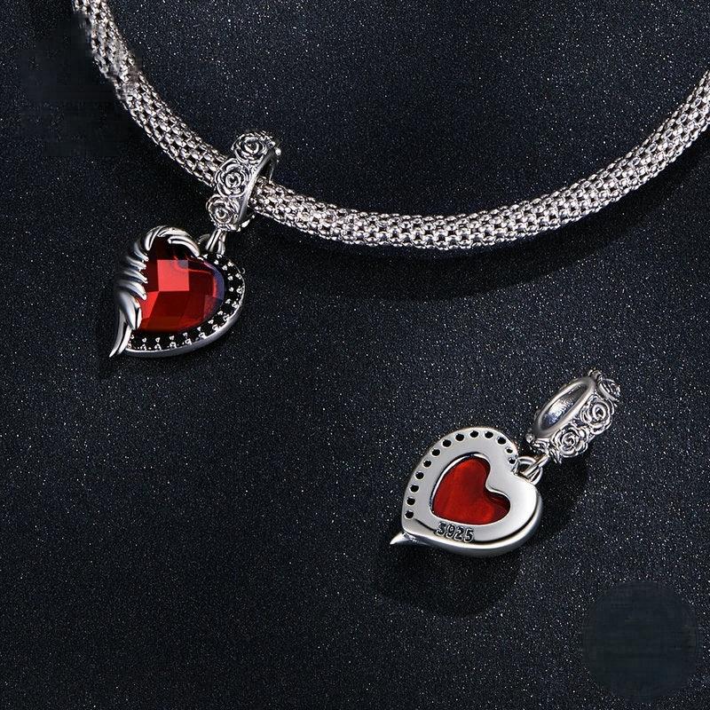 “Crimson Wing” S925 Sterling Silver Red Zircon Rose Heart Pendant Bead